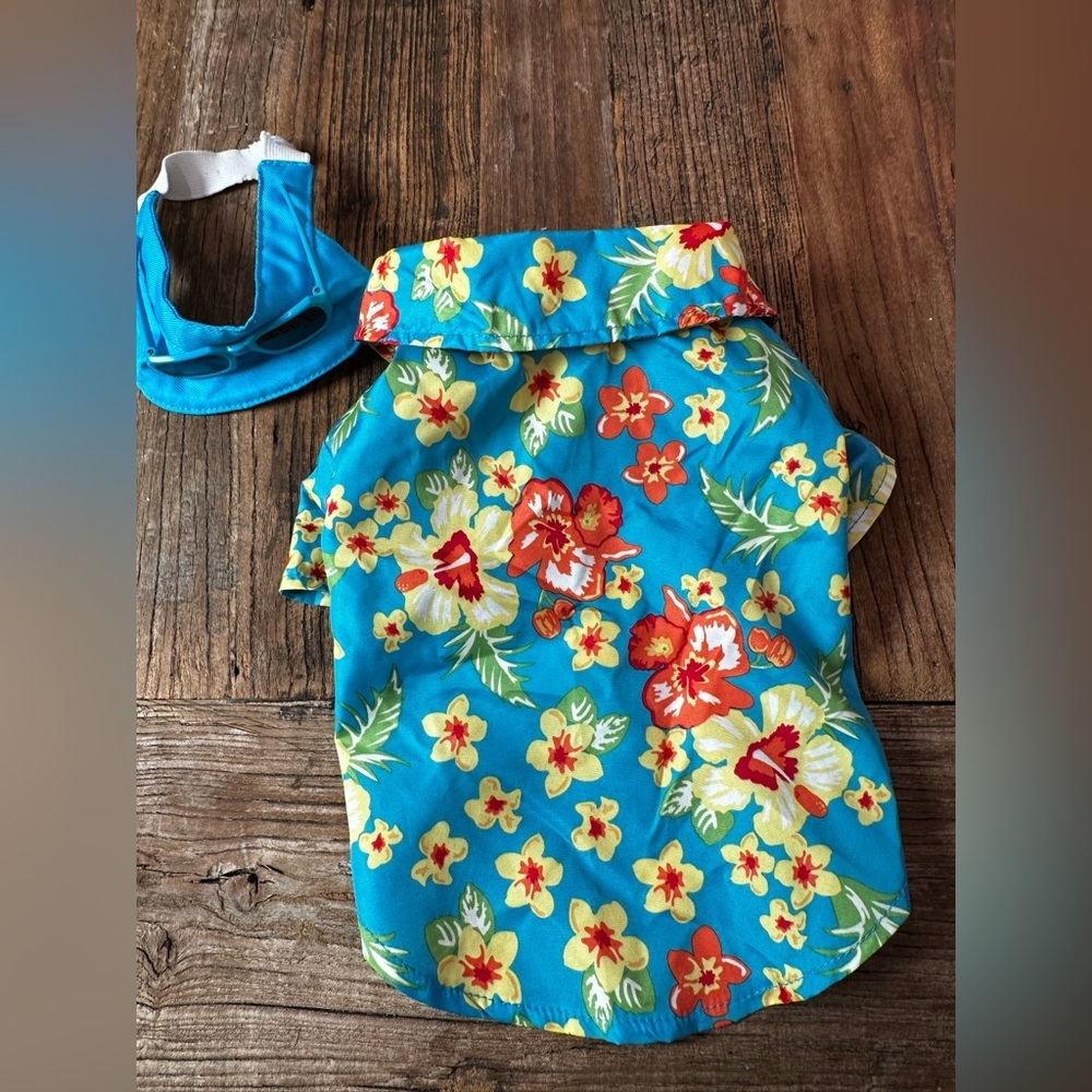 Tropical Floral Dog Shirt - Blue and Orange with hat and sunglasses 😎